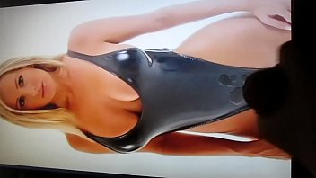 Cumshot on girl in leather swimsuit